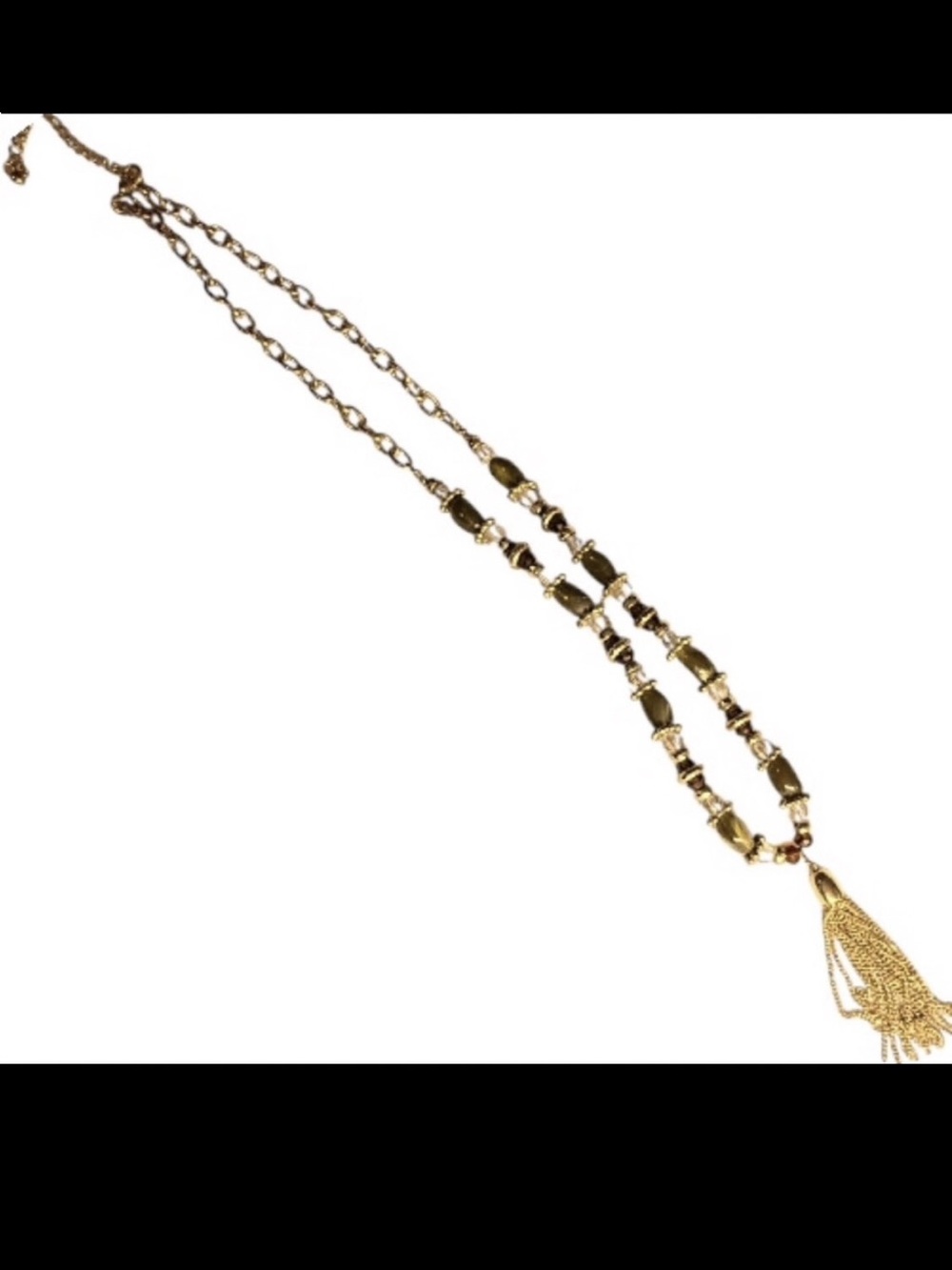 Gold tone tassel beaded necklace w/olive & brown accents Women’s costume jewelry
